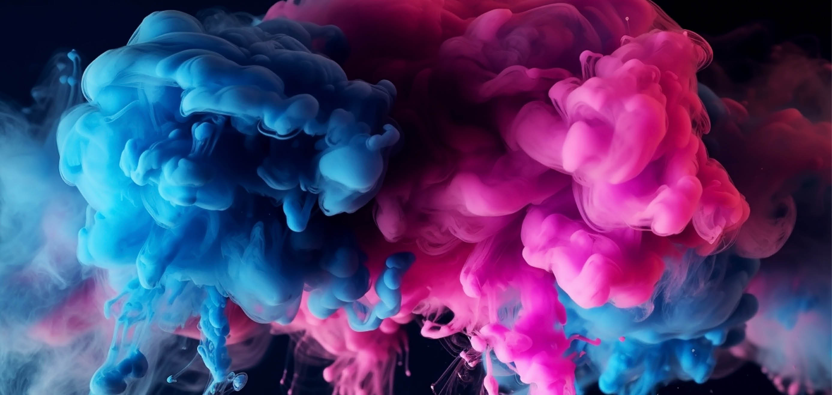 Paint Ink drop in water, Motion color explosion smoke, Blue pink color fluid splash vapor cloud on glitter dust texture black abstract art background; Shutterstock ID 2313909587; purchase_order: -; job: -; client: -; other: -